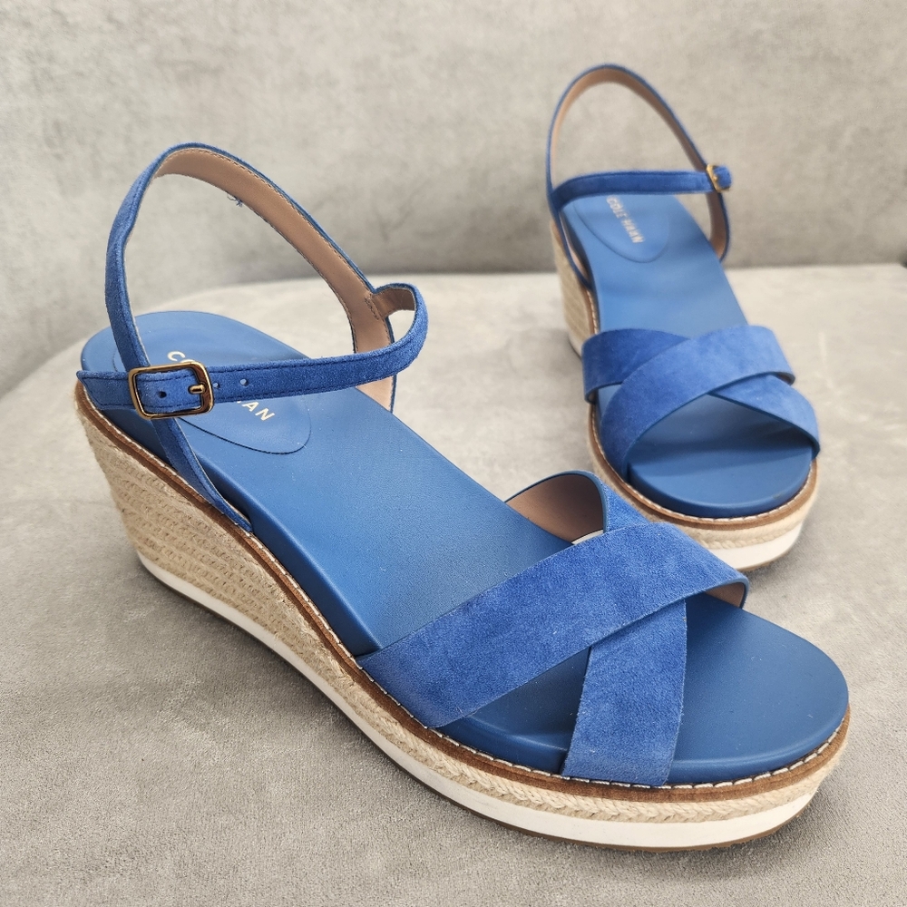 Cole Haan Wedge Sandals Women's 9.5 Royal Blue Suede Silvee Espadrille New $165
